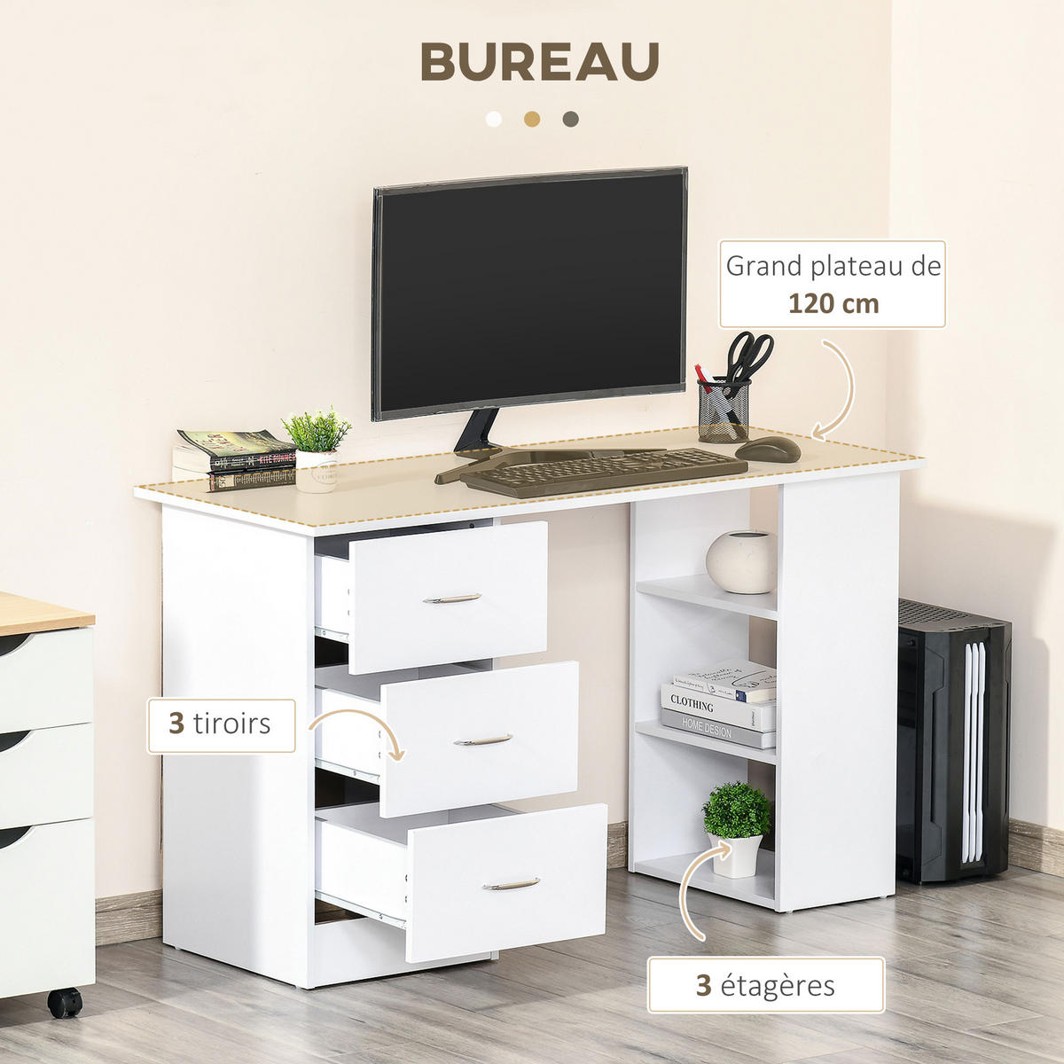 SCHREIBTISCH Weiß mit Schubladen und Regalfächern 120/49/72 cm - Weiß, Holz (49/120/72cm) - PANGIVO