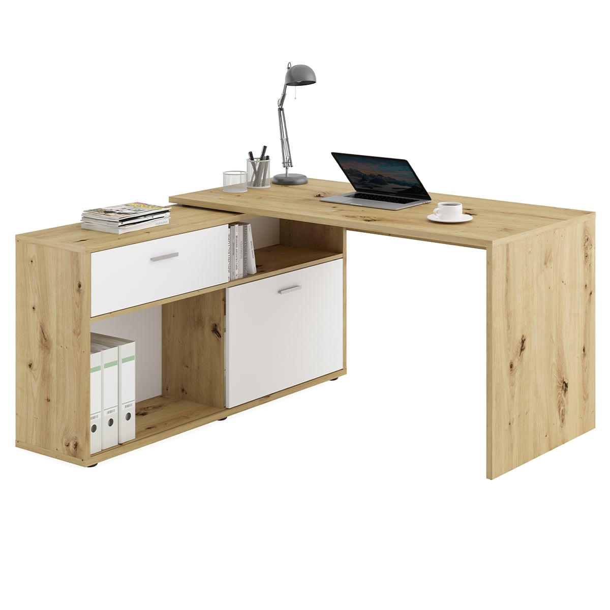 ECKSCHREIBTISCH mit niedrigem Stauraum, umwandelbar, L138cm - Diego - Eiche Artisan, Holzwerkstoff (39.5/138/75cm) - Calicosy