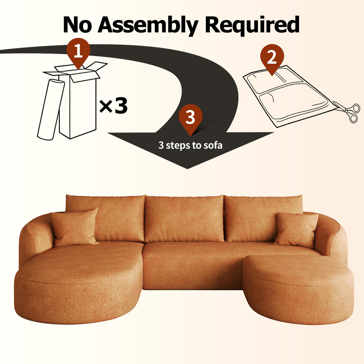 WOHNLANDSCHAFT Links, U-Form 266 cm ohne Montage, DE-34817, Orange - Orange, Textil (336/85/168cm) - ComfortXL