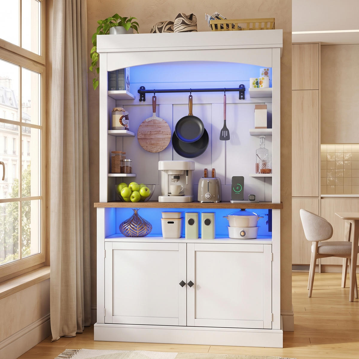 BUFFETSCHRANK Weiß 183cm mit LED-Beleuchtung, Steckdose & Kaffeebar - Weiß, Holzwerkstoff (106/183/43cm) - Urban Meuble