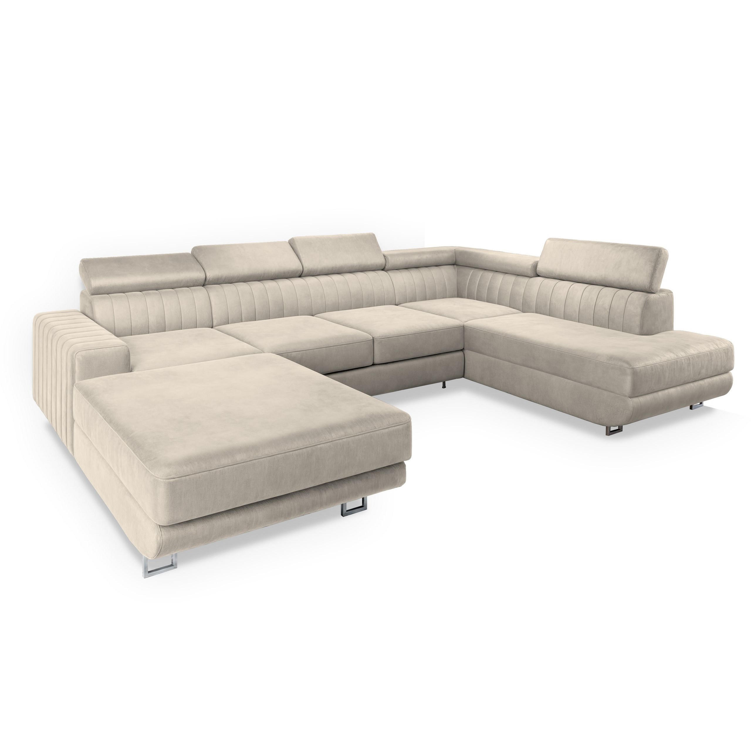 WOHNLANDSCHAFT SIENA R-S Creme Velours-Stoff mit Schlaffunktion - Creme, Holz (335/89/190cm) - MASSENO