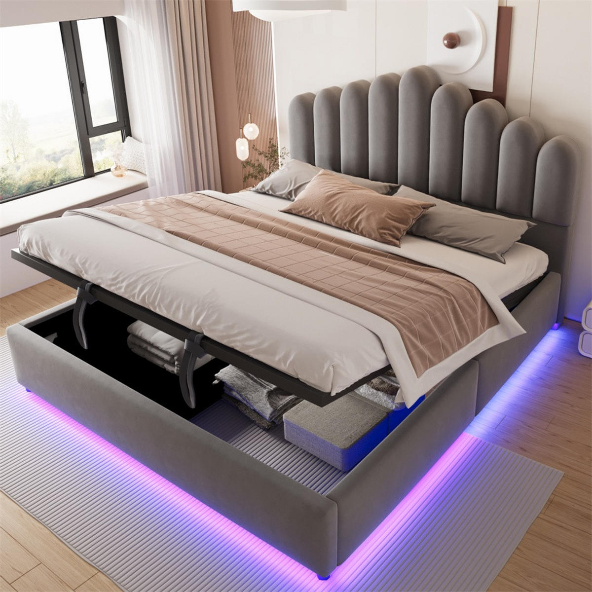 POLSTERBETT 180x200 cm mit voluminösem Kopfteil - hydraulischem Stauraum & LED-Beleuchtung - Grau - Samtstoff - Grau, Textil (180/200cm) - DELFA