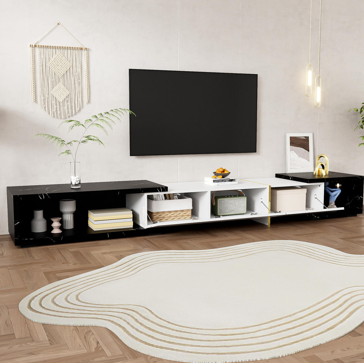TV ormarić 140-260/40/30 cm bijeli i crni mramorni od MDF-a i iverice s rotacijom - bijela, drvni materijal (260/30/40cm) - OKWISH