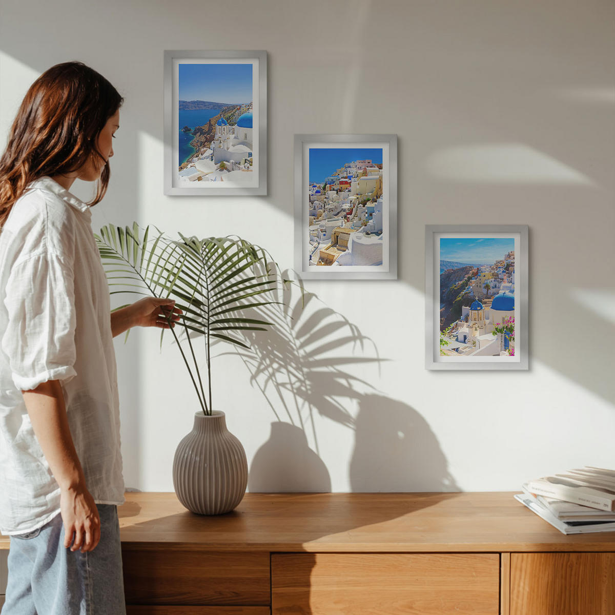 WANDBILDER 3er Set - 20x30 cm Silberner Rahmen - Landschaftsarchitektur Oia Santorini - Silberfarben, Kunststoff (20/30cm) - ArtPrintCave