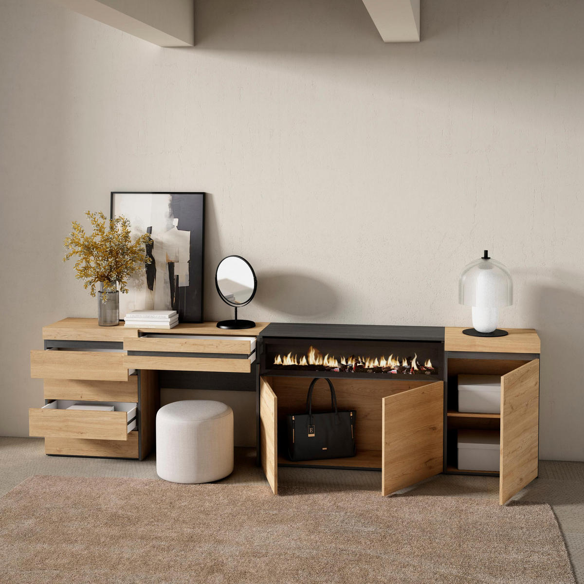 SIDEBOARD mit Elektrokamin, eiche, 277/35/75cm - Eichefarben, Holzwerkstoff (277/75/35cm) - Skraut Home