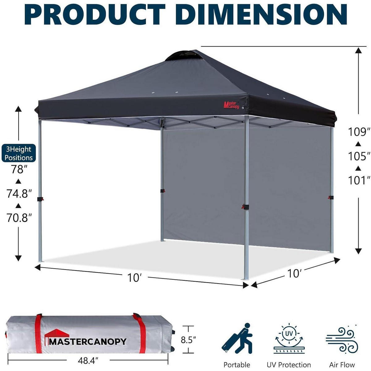 FALTPAVILLON 3 x 3 m mit Seitenwand Schwarz - Schwarz, Textil (304.8/266.7/304.8cm)