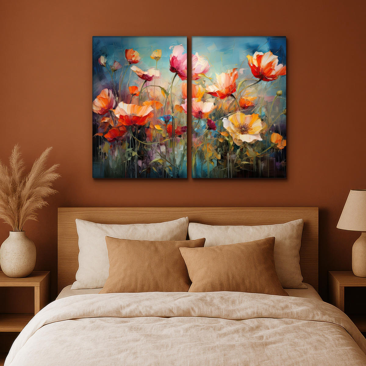 LEINWANDBILD 2er Set Blumen - Bunt - Abstrakt 120x90 cm - Blaugrau, Textil (120/90cm) - MuchoWow