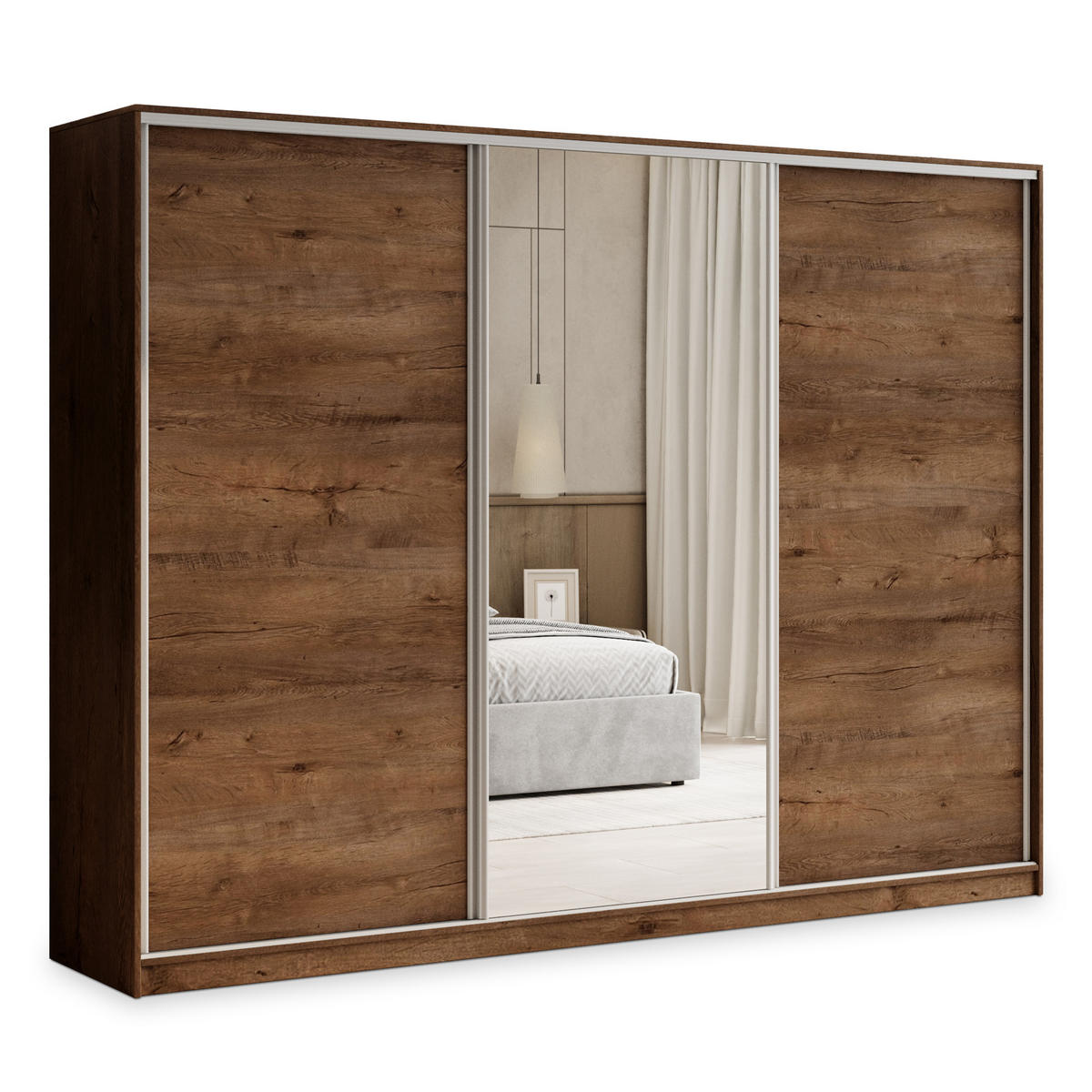 SCHWEBETÜRENSCHRANK TARI 250/205/58 cm 3-türig mit Spiegel und Schubladen Dąb lefkas - Eichefarben/Silberfarben, Holzwerkstoff (250/205/58cm) - MASSENO