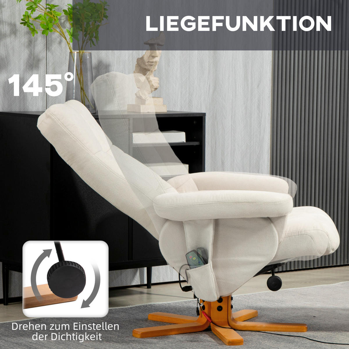 RELAXSESSEL Massagesessel mit Hocker Fernsehsessel mit Liegefunktion Cremeweiß - Creme/Braun, Holz/Textil (86/99/80cm) - HOMCOM