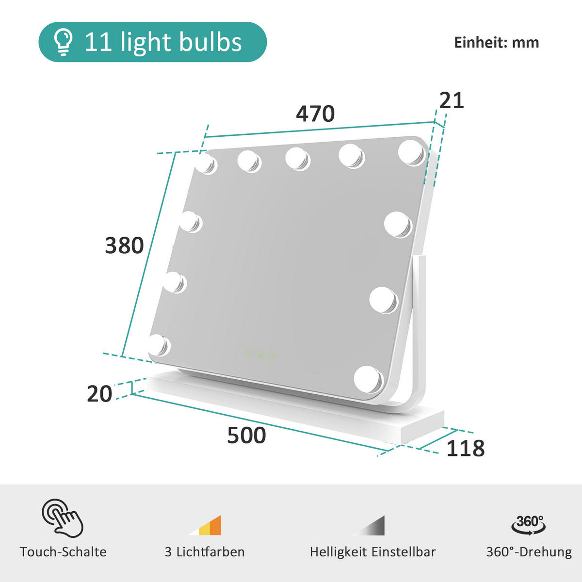 KOSMETIKSPIEGEL mit Beleuchtung, Weiß, 50/42 cm - Weiß, Glas (42/12/50cm) - EMKE