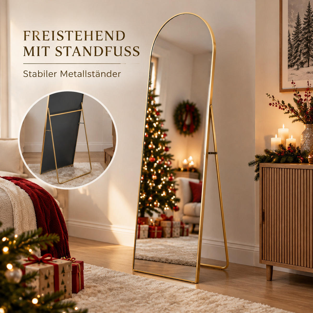 STANDSPIEGEL Bogen 162/53 cm Goldfarben, Ganzkörperspiegel mit Ständer, Metallrahmen - Goldfarben, Metall (53/162/5cm) - Joyfair