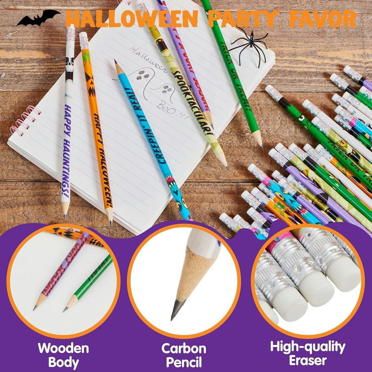 HOLZBLEISTIFTE 48-teiliges Set Halloween-Motive mit Radiergummis - Multicolor, Holz