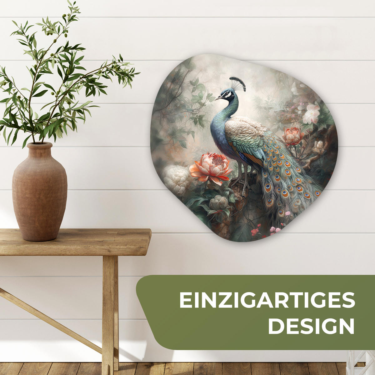 WANDBILD Pfau - Pfauenfedern - Vogel - Dschungel - Blumen 60x60 cm - Smaragdgrün, Kunststoff (60/60cm) - MuchoWow