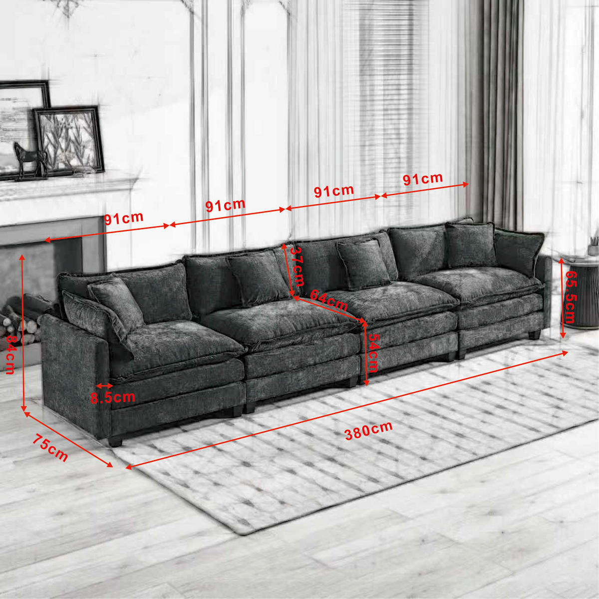 4-SITZER-SOFA aus Chenille mit modularem Design, beige - Beige, Textil (75/84/380cm) - Luhomfu
