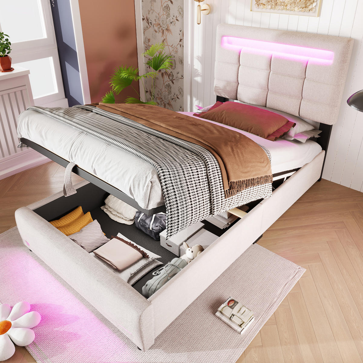 POLSTERBETT 90/200 cm Beige mit LED-Beleuchtung und hydraulischer Lagerung - Beige, Textil (90/200cm) - OKWISH