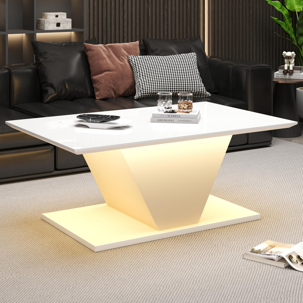 COUCHTISCH mit LED 100 x 50 x 46 cm Hochglanz Weiß V-Form - Weiß, Holzwerkstoff (100/50/46cm) - Meubliv