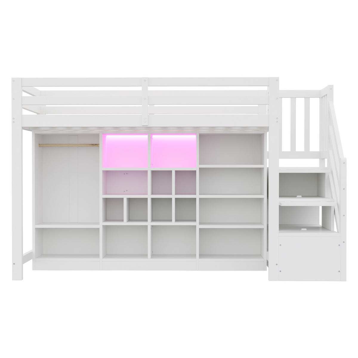 HOCHBETT 90/200 cm DE-01520, in Weiß, mit Stauraumschränken, Kleiderschrank und LED-Beleuchtung - Weiß, Holz (90/200cm) - ComfortXL