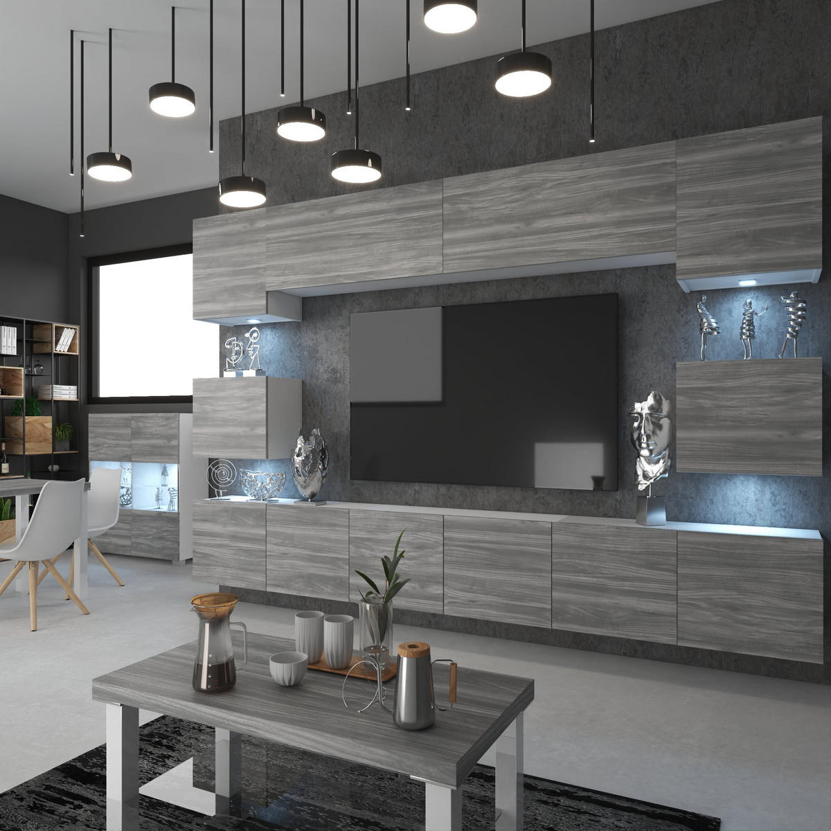 WOHNWAND Milano 3, Grau Matt, 300 cm, Grifflos - Grau, Holz (300/60/36cm) - B BELINI GROUP