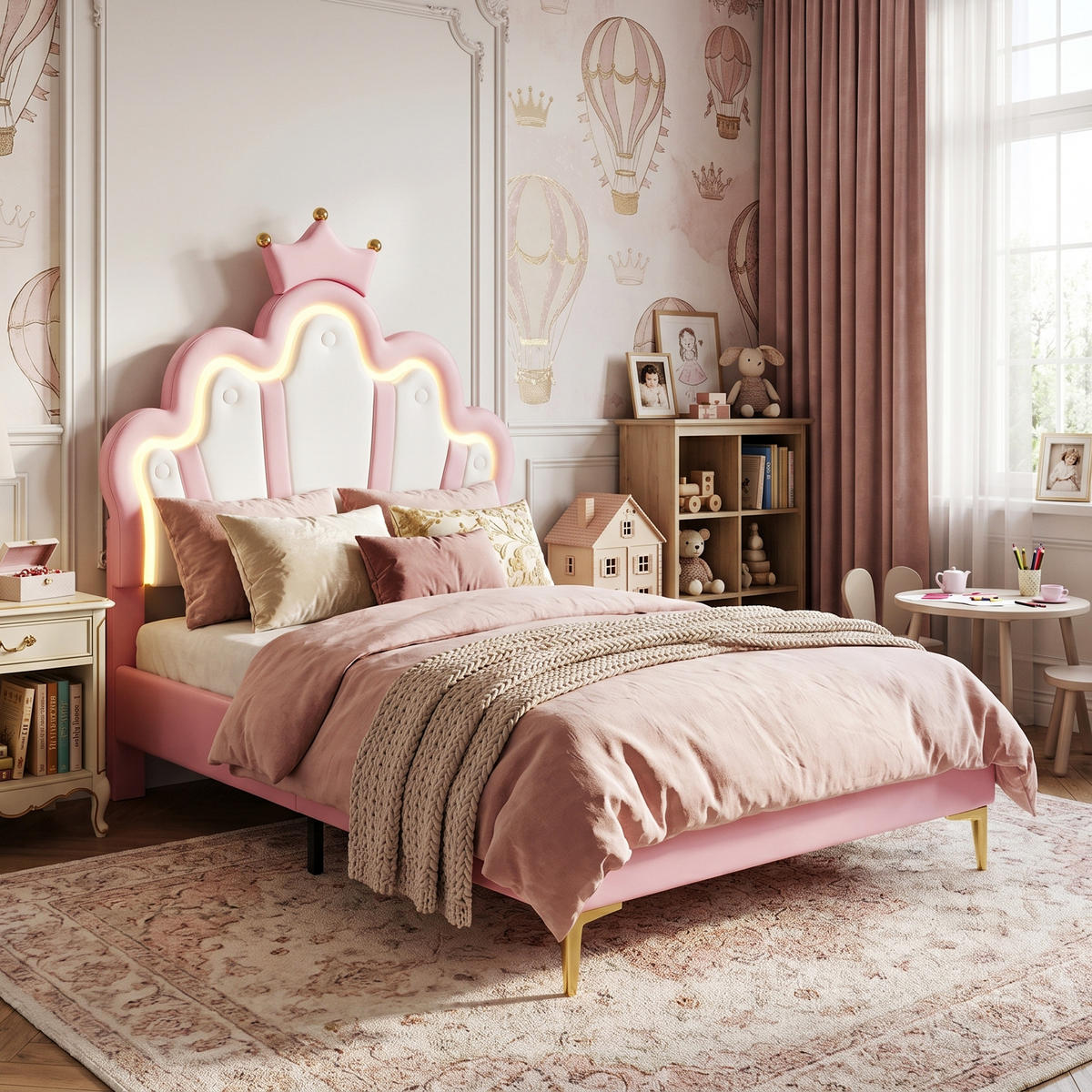 KINDERBETT Bogen-Krone mit 2-Zonen-LED & Goldbeinen 90/200 cm PU-Leder Rosa - Pink, Leder (90/200cm) - Creahappy
