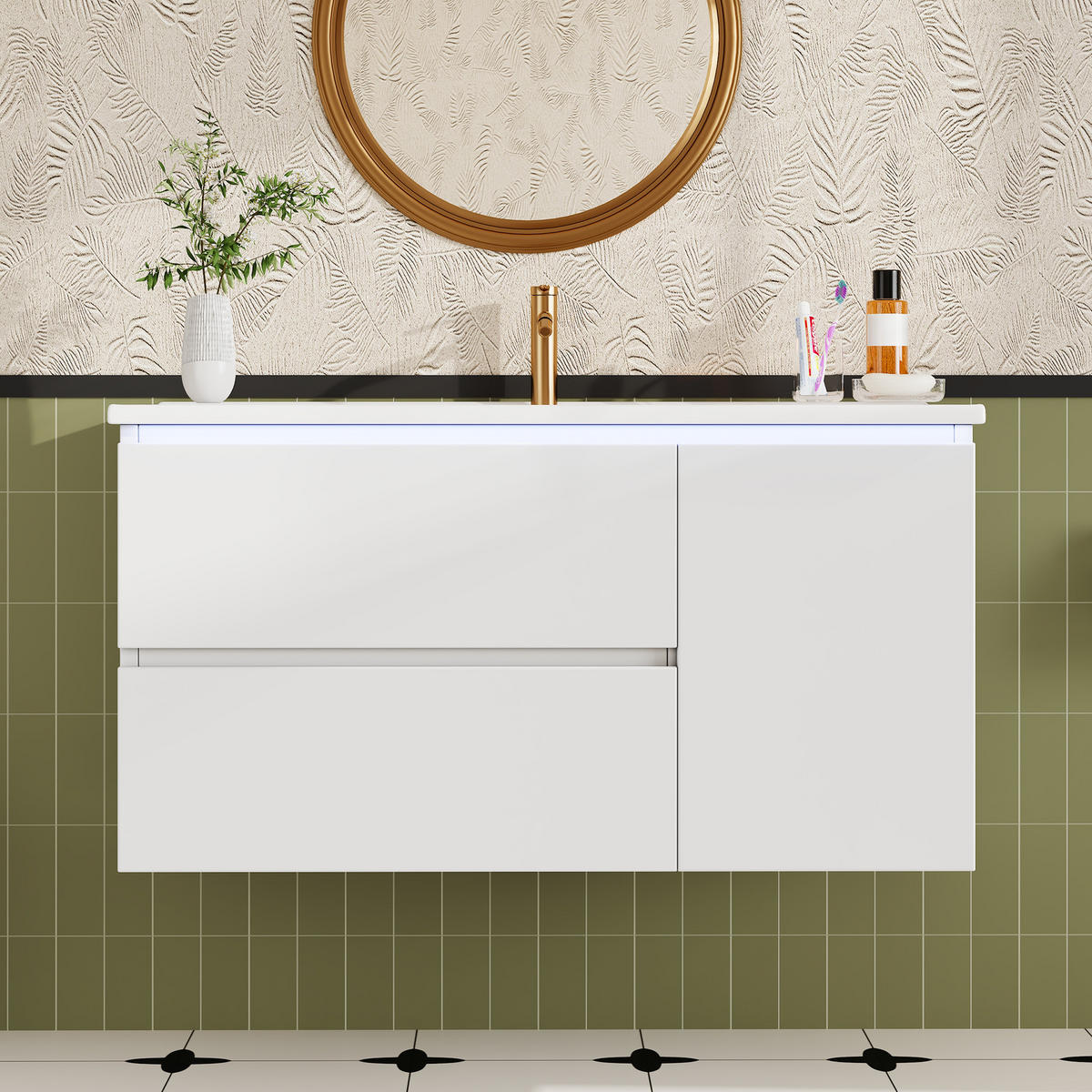 WASCHTISCHUNTERSCHRANK 91x46.5x50.5 cm Weiß aus Keramik & Spanplatte mit Radarsensor-LED & 2 Schubladen - Weiß, Holzwerkstoff (91/50.5/46.5cm) - Modfu