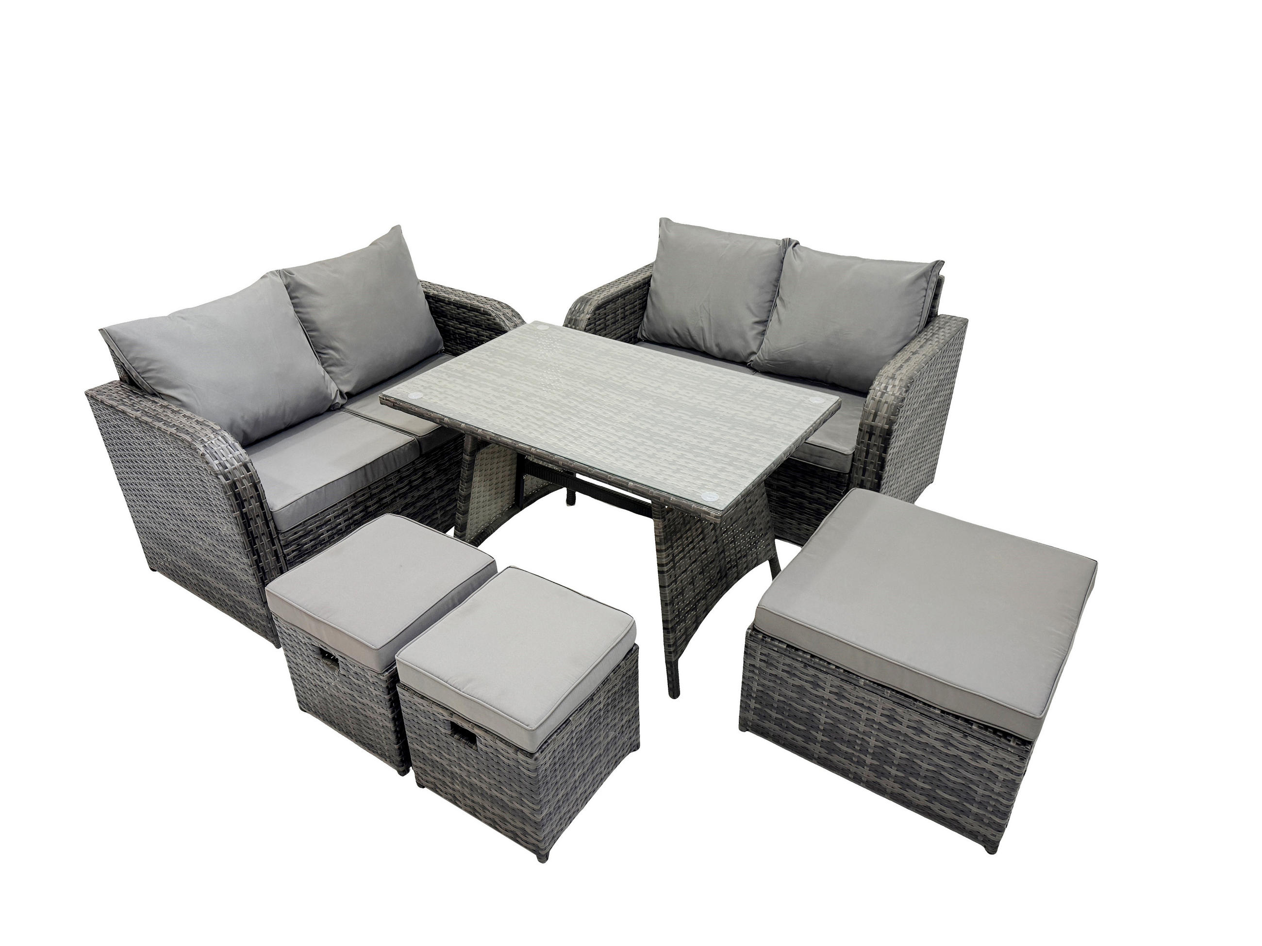 GARTENMÖBELSET mit ESSTISCH,SOFA Polyrattan 7-Sitzer - Dunkelgrau/Grau, Glas/Kunststoff - Fimous