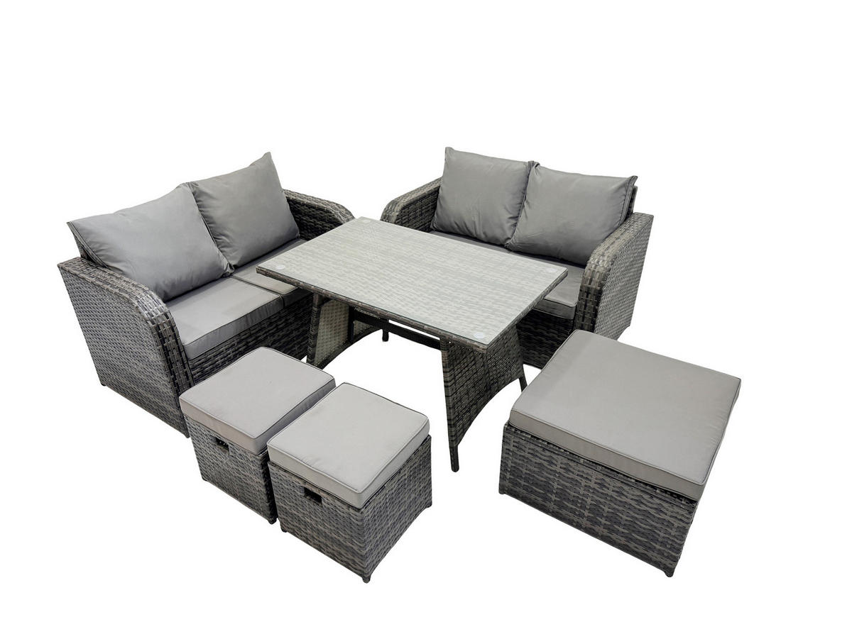 GARTENMÖBELSET mit ESSTISCH,SOFA Polyrattan 7-Sitzer - Dunkelgrau/Grau, Glas/Kunststoff - Fimous
