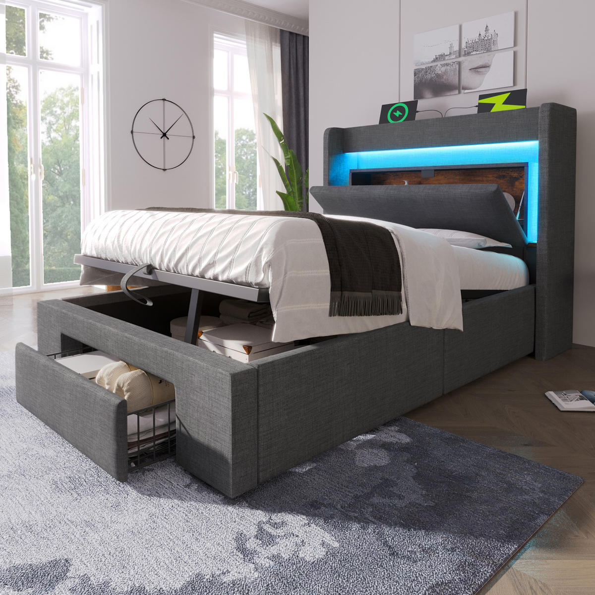 POLSTERBETT 90/200 cm mit LED-Beleuchtung, USB- und USB-C-Anschluss, Stauraum und Schublade und Matratze, Leinen, Grau - Grau, Textil (90/200cm) - Redom