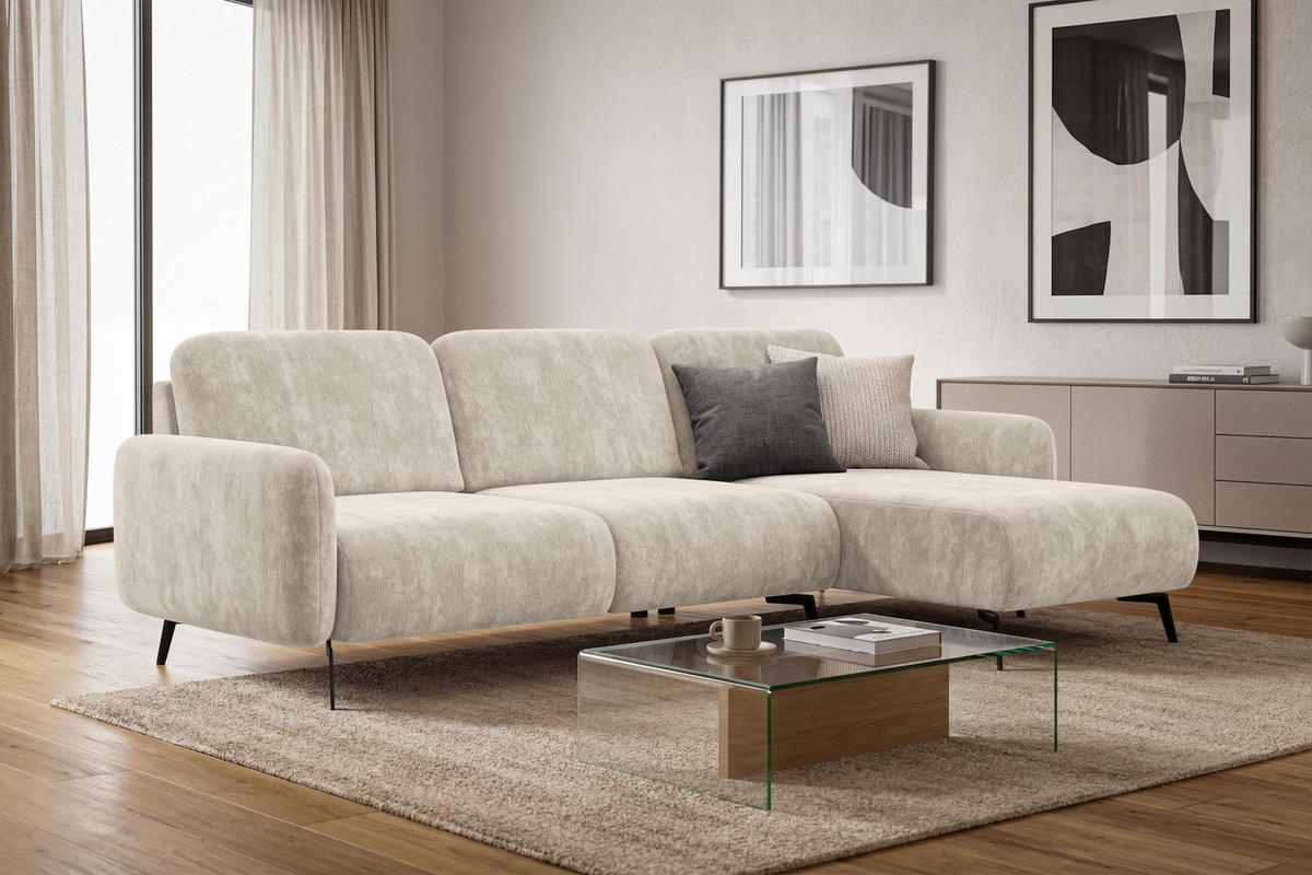ECKSOFA FEBE 4-Sitzer RECHTS, cremefarbener Chenille-Stoff - Creme/Schwarz, Holz/Textil (264/157cm) - Wozimo