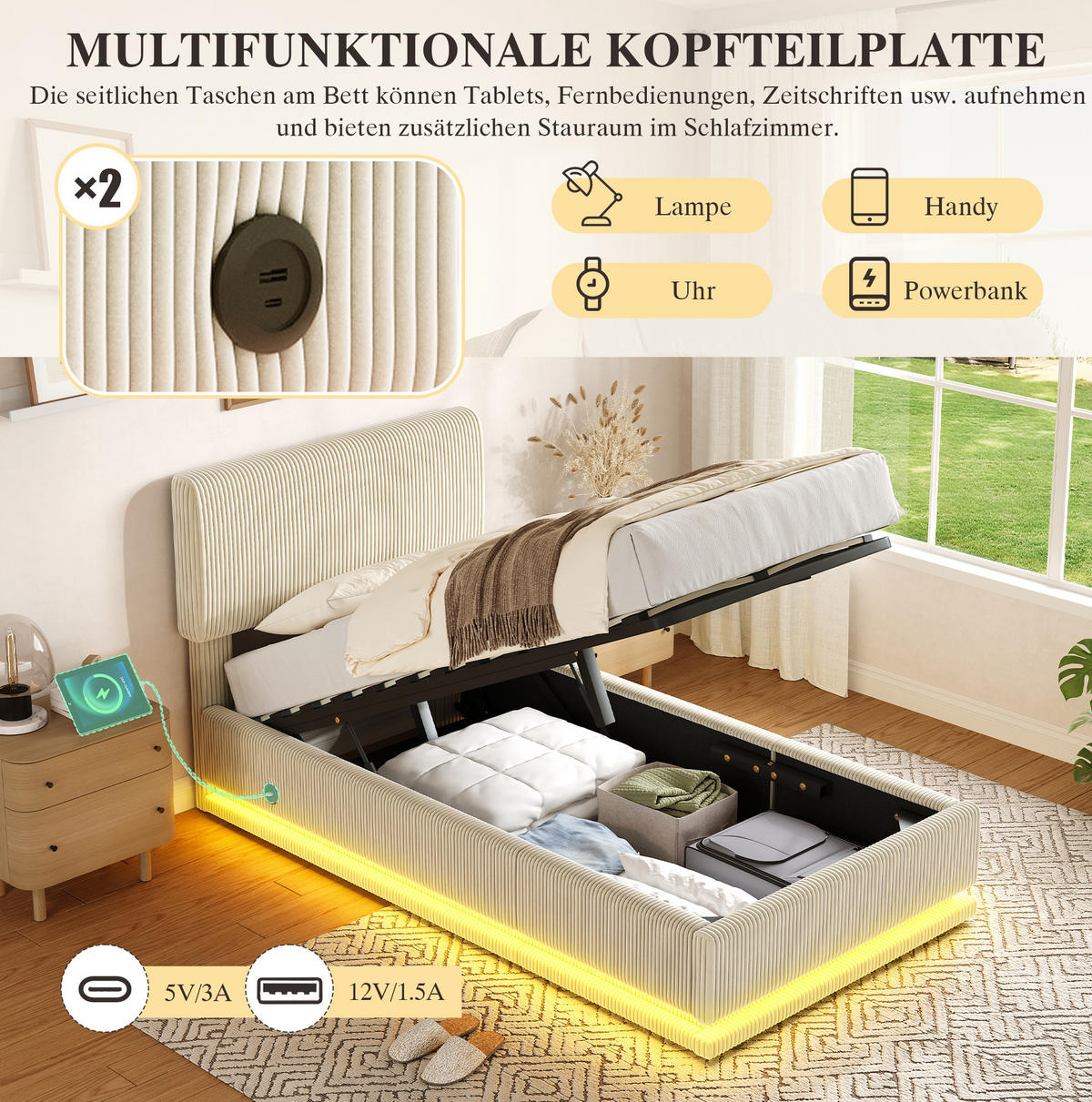 POLSTERBETT mit LED und USB-C 90x200 cm Cord Beige - Beige, Metall (90/200cm) - Meubliv
