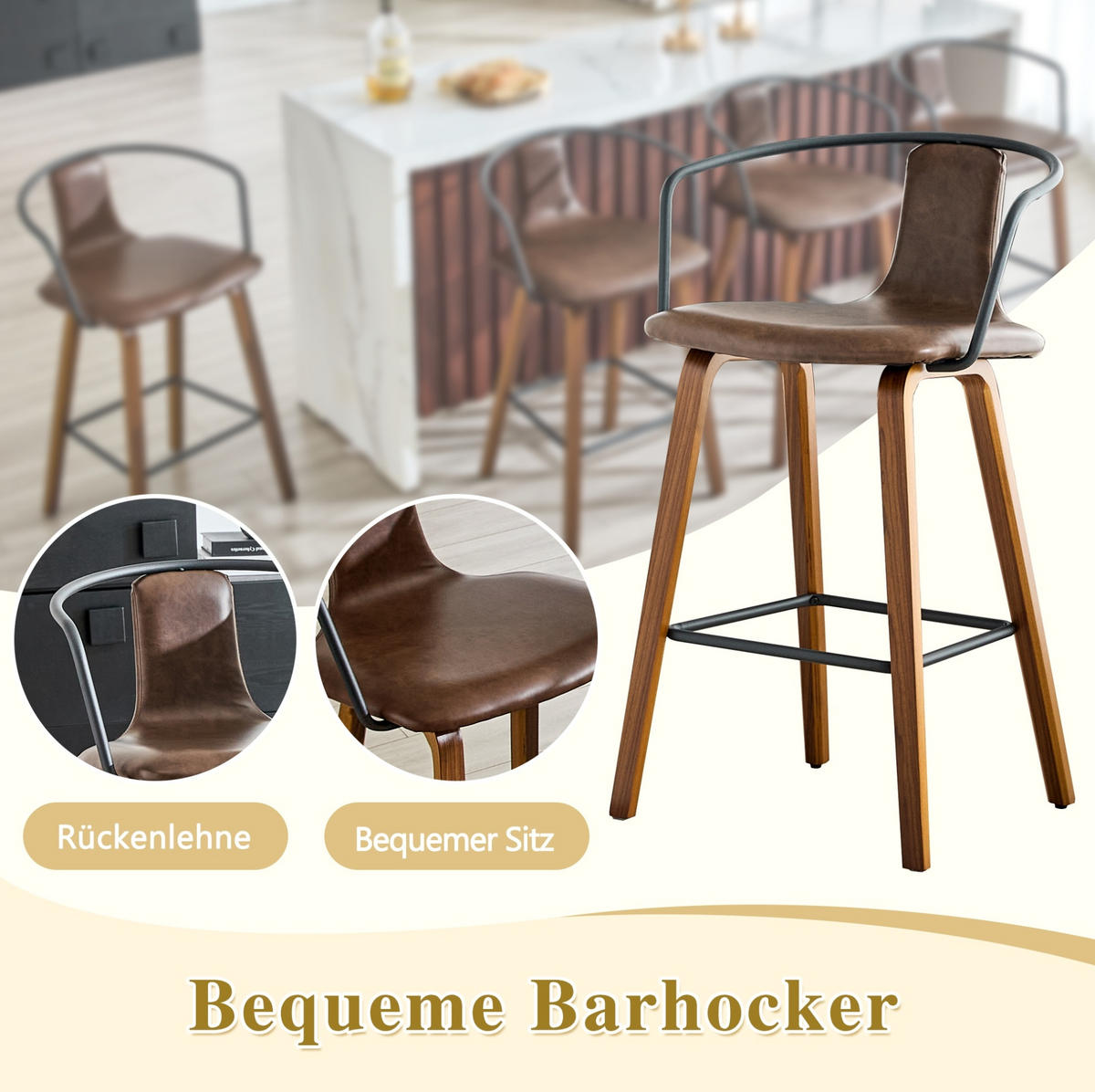 BARHOCKER 2er Set mit Armlehne und Fußstütze aus Holz - Braun, Holz (44/88/54.7cm) - MIVRAY