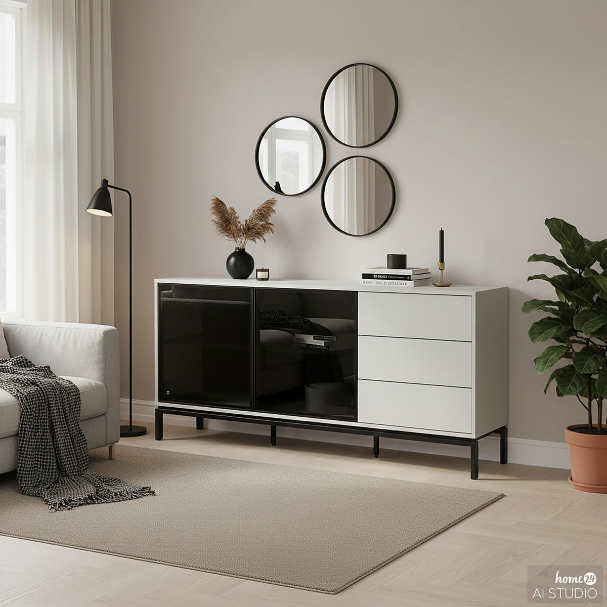SIDEBOARD - Glas - Schwarz / Kaschmir - Kaschmir/Schwarz, Holzwerkstoff/Metall (160/76/40cm) - home24