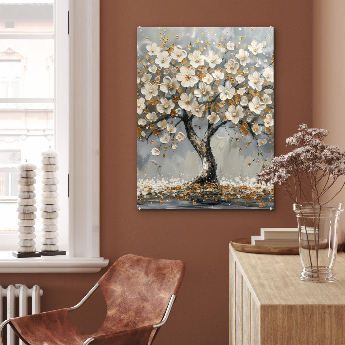 ACRYLGLASBILD Baum - Blumen - Weiß - Natur - Kunst 60x80 cm - Weiß, Glas (60/80cm) - MuchoWow