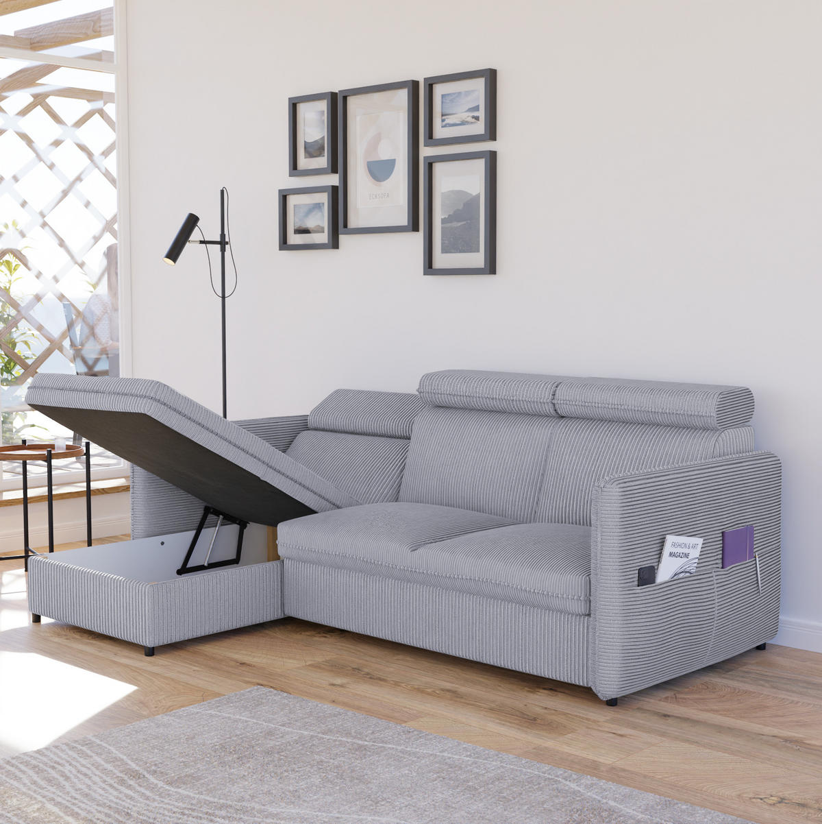 ECKSOFA mit Schlaffunktion und Bettkasten, Hellgrau - Grau, Holzwerkstoff/Textil (220/140cm) - Idohome