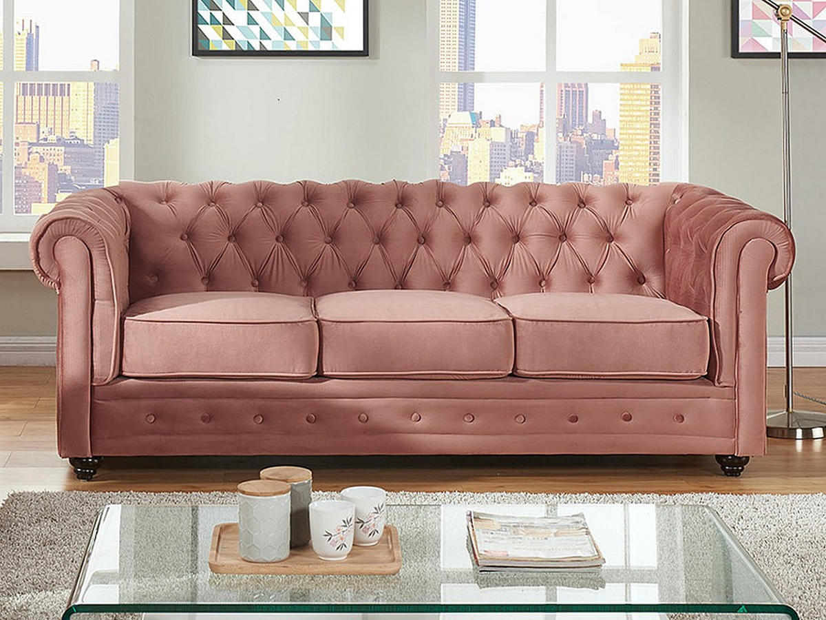 SOFA 3-Sitzer - Samt - Rosa - CHESTERFIELD - Pink, Textil (205/72/88cm) - Vente-Unique