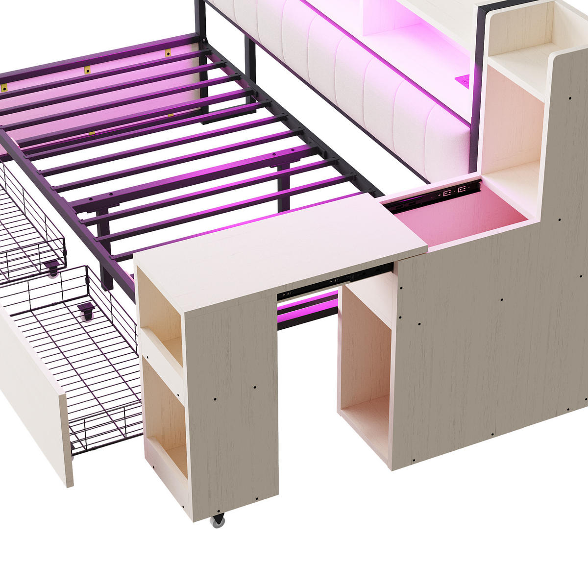 STAURAUMBETT 90/200 cm DE-01458, in Weiß, mit LED, Schreibtisch und Steckdose - Weiß, Metall (90/200cm) - ComfortXL
