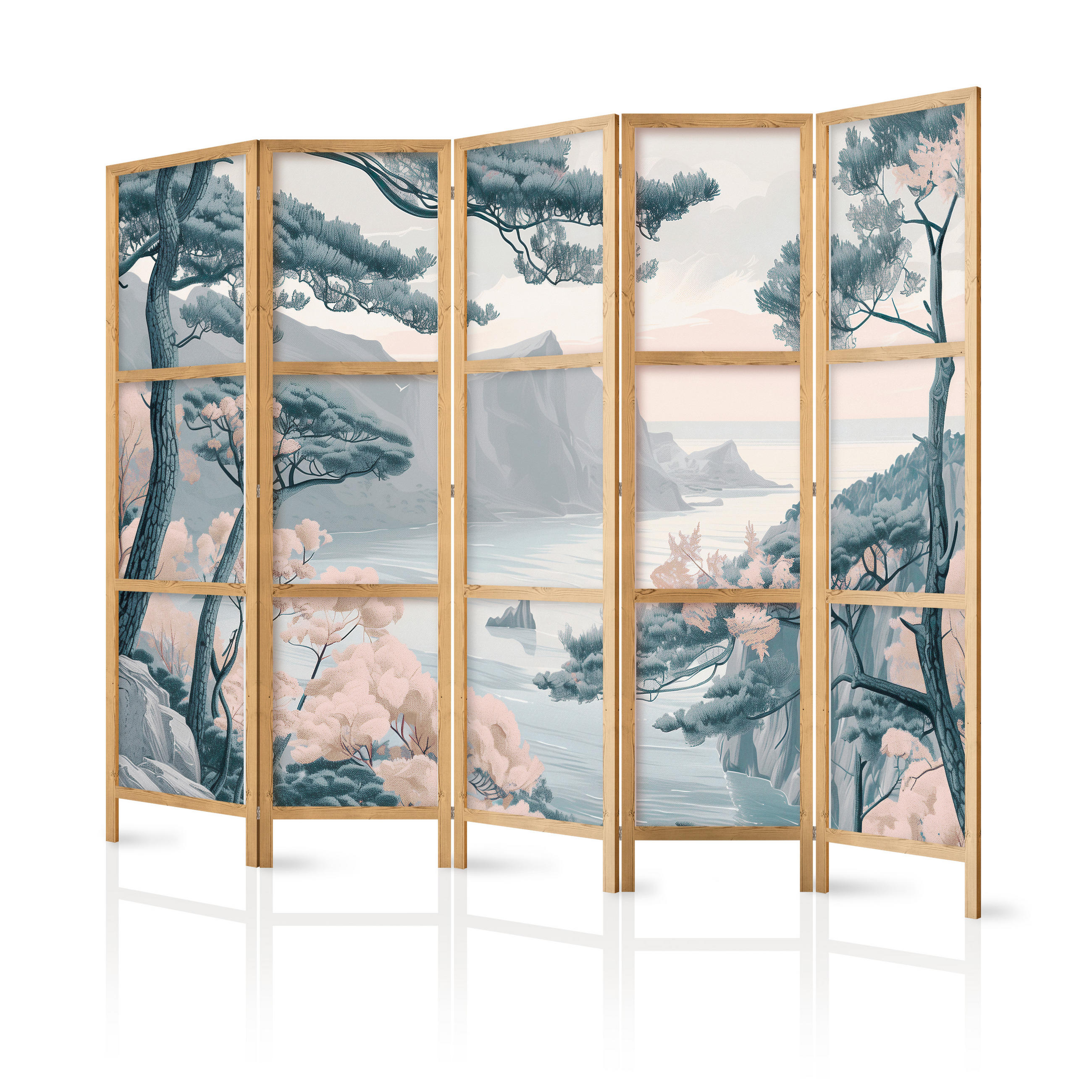 PARAVENT Japanischer 5-tlg 225x172 cm Berg Landschaft - Multicolor, Holz/Textil (225/172/3cm) - Muralo