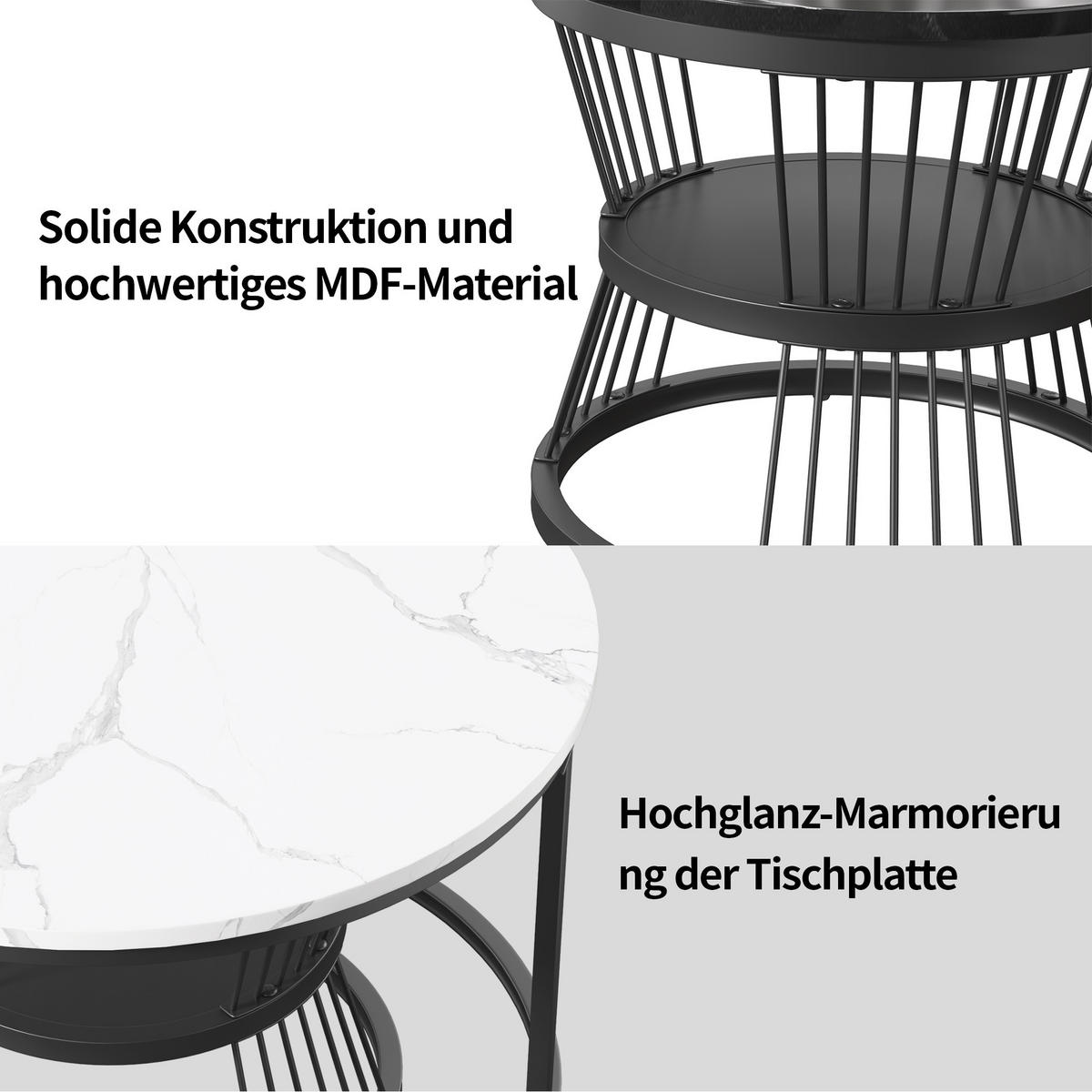 WOHNZIMMER tisch rund 2er Set, Couchtisch mit Marmoroptik für Wohnzimmer - Schwarz, Metall (70/70/45cm) - PARAFTA HOME