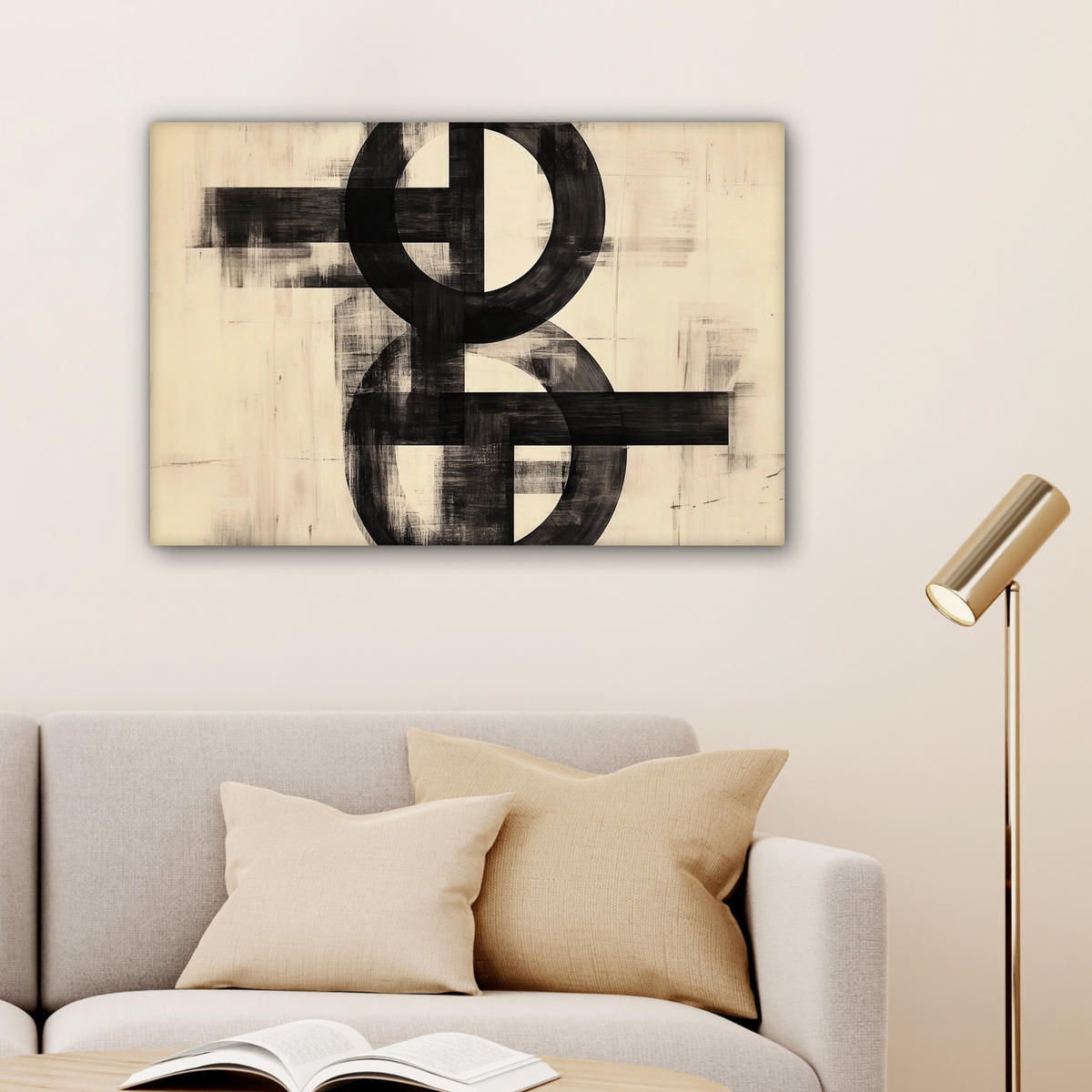 LEINWANDBILD Kreise - Balken - Schwarz - Abstrakt Wanddeko 90x60 cm - Schwarz, Textil (90/60cm) - MuchoWow