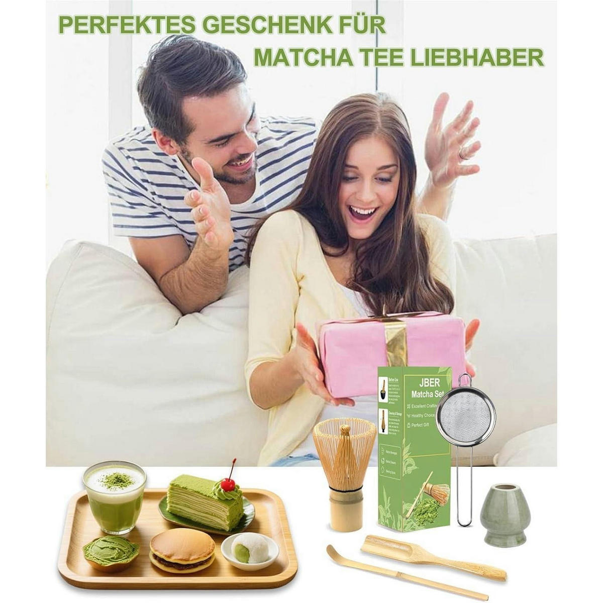 MATCHA Set 5-teilig Bambus mit Besenhalter und Sieb - Grün, Naturmaterialien (10/10/10cm)