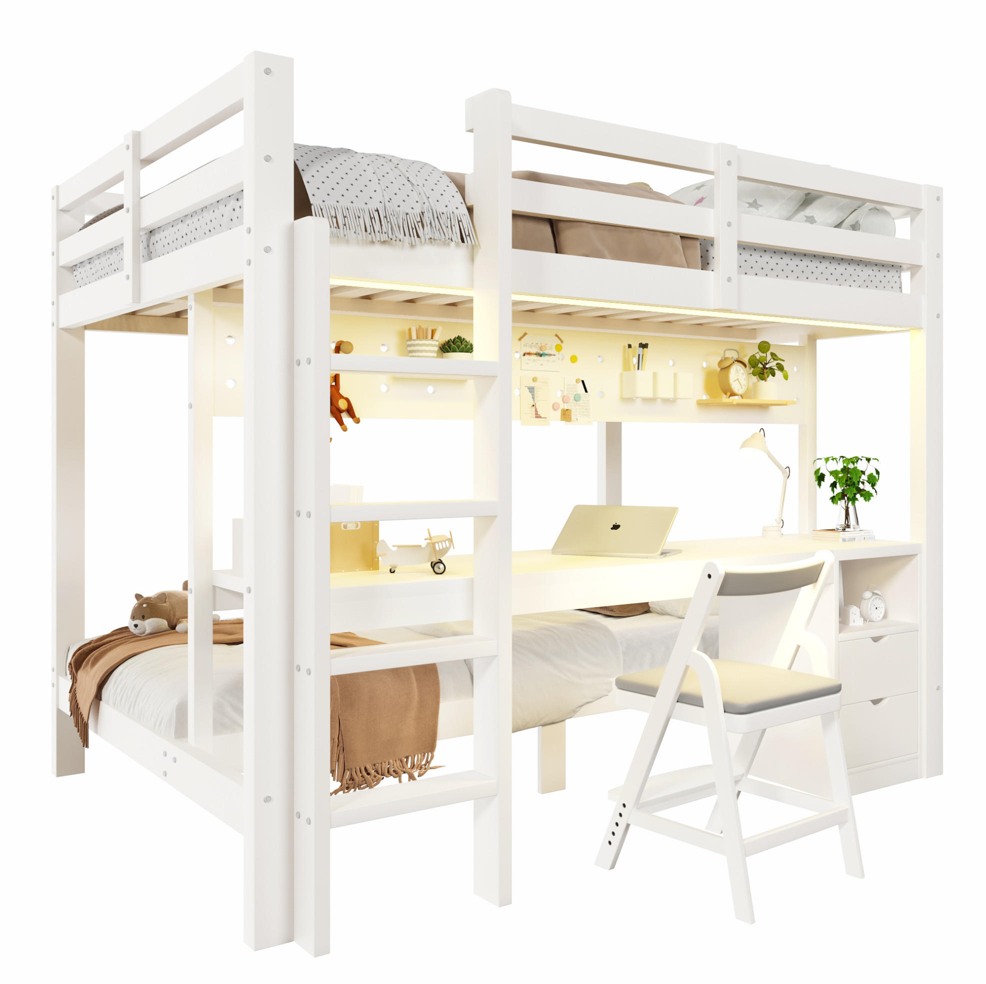 HOCHBETT 140/200 cm aus Kiefernholz mit Schreibtisch, Weiß - Weiß, Holz (140/200cm) - OKMYHOME