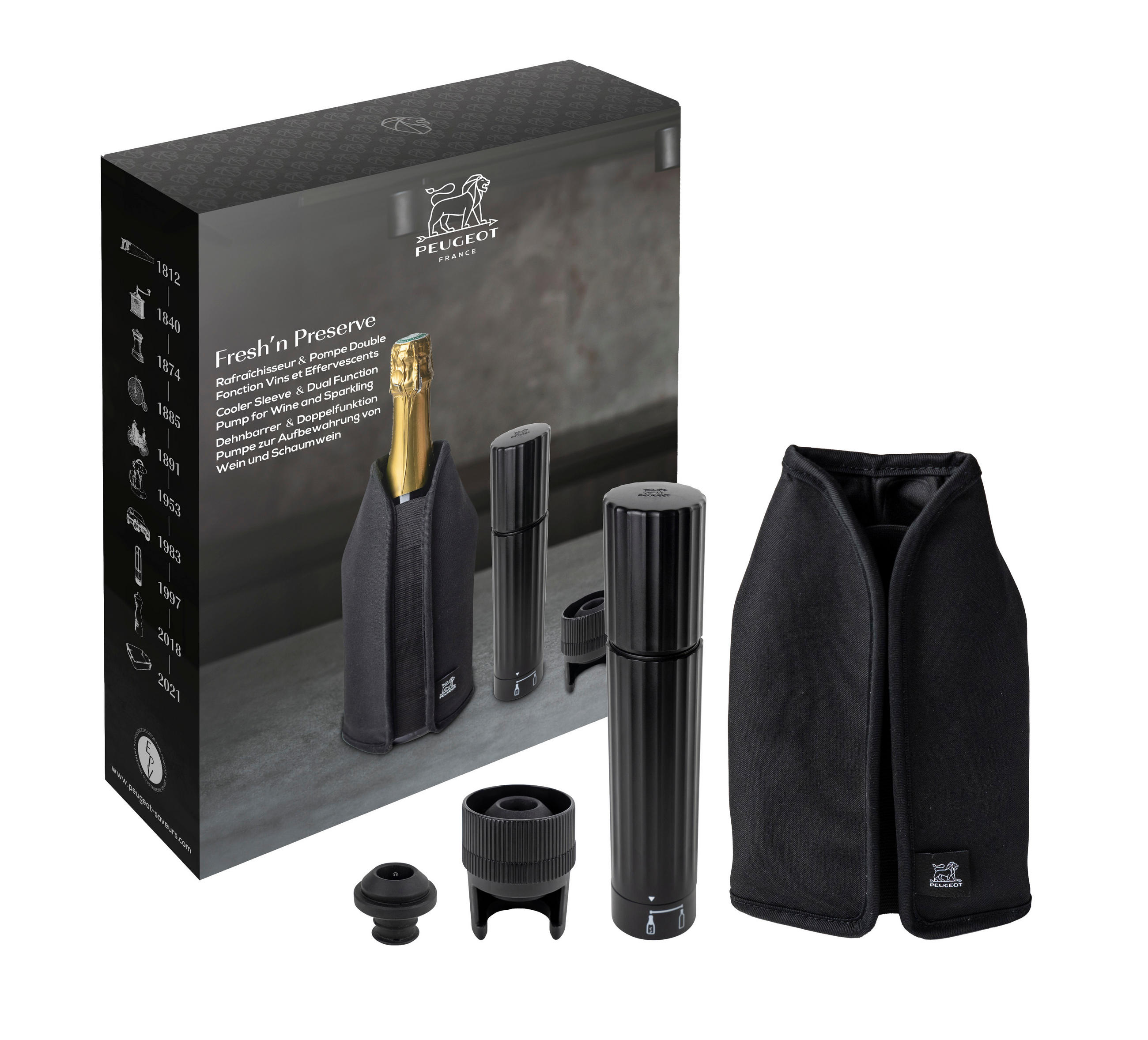 GESCHENKSET Fresh n Preserve Kühlmanschette und Weinpumpe - Schwarz, Kunststoff (10/20cm) - PEUGEOT