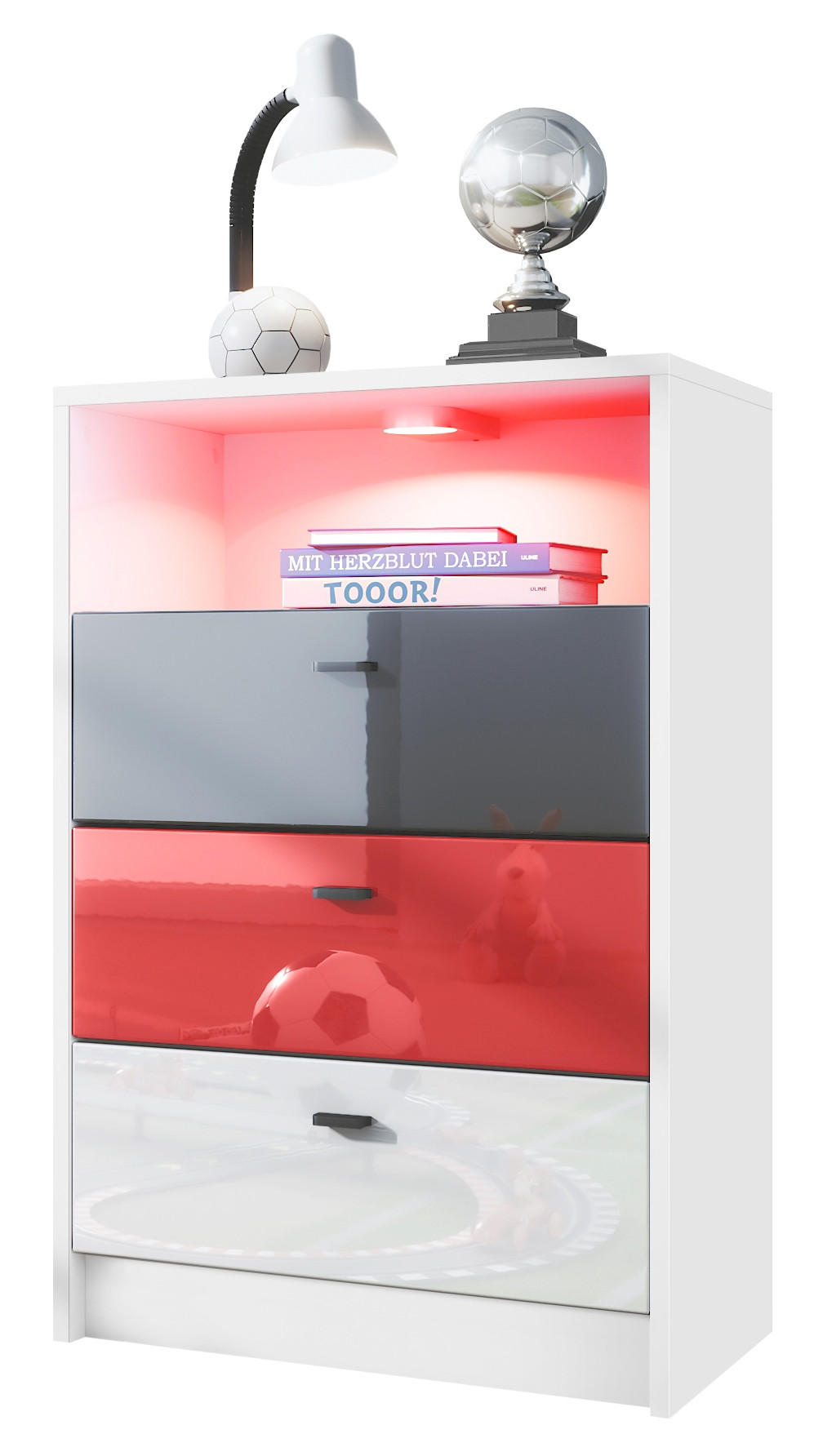 KOMMODE Pino Fronten Schwarz, Weiß & Rot - Weiß, Holzwerkstoff (56/86/36cm) - Vladon