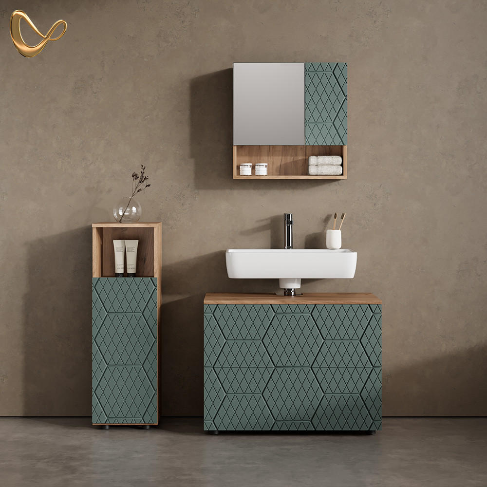 BADMÖBEL-SET Ronco Grün/Goldkraft Eiche 3 Teile, mit Midischrank - Honigeiche/Grün, Holzwerkstoff (80/58/41cm) - Livinity®