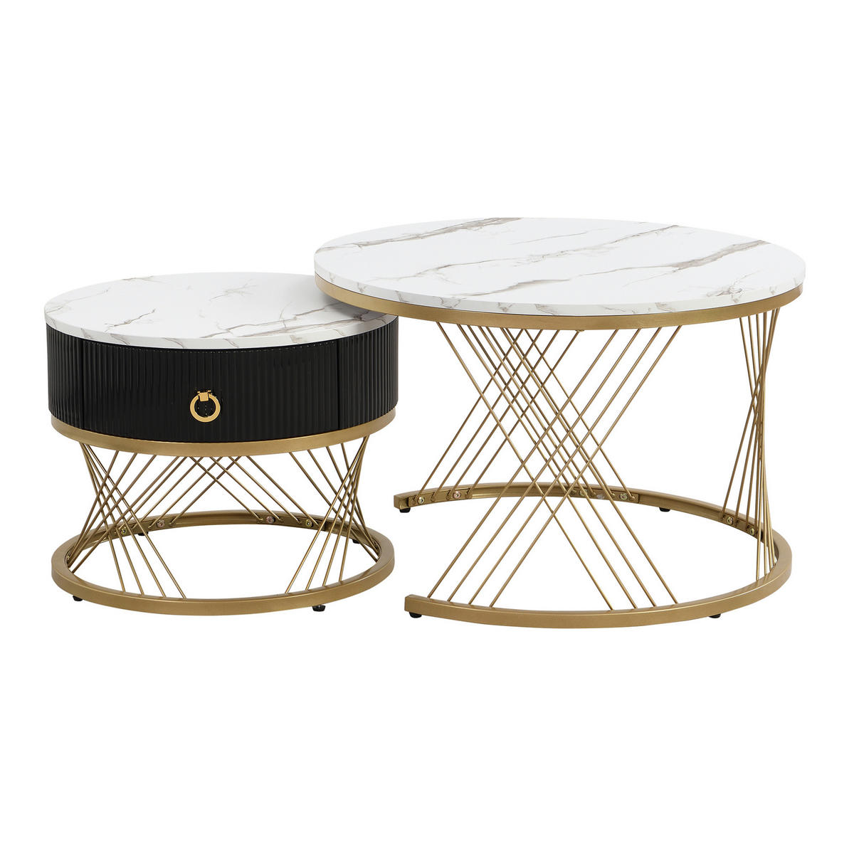 COUCHTISCH-SET aus MDF 70x70x45 cm Weiß-Gold mit Schublade und verstellbaren Füßen - Weiß, Holzwerkstoff (70/70/45cm) - IVMEU
