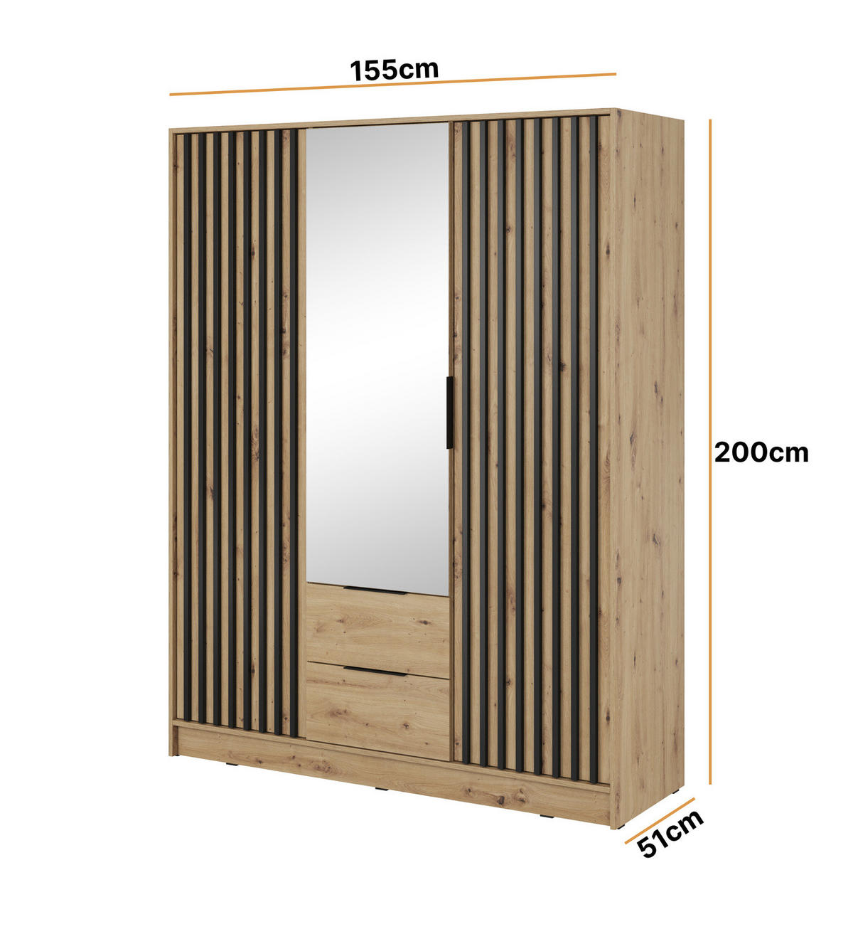 KLEIDERSCHRANK Stilo in Eiche Artisan, dreitürig, mit Spiegel und Lamellen an der Vorderseite - Schwarz/Eiche Artisan, Leder/Holzwerkstoff (155/200/51cm) - Ravio