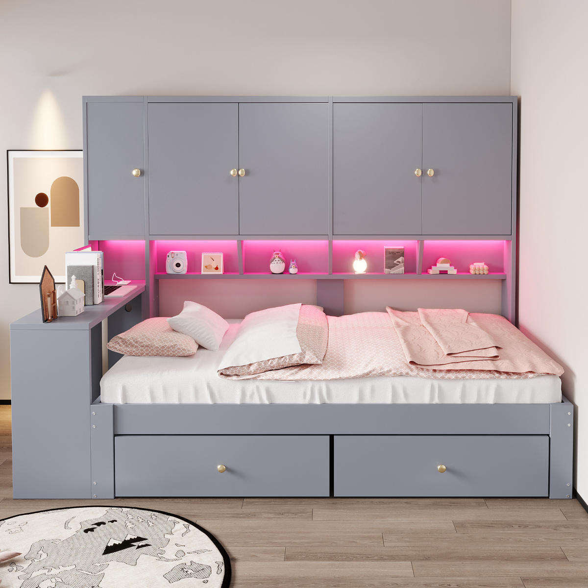 STAURAUMBETT 90/200 cm mit Schreibtisch, LED und Schubladen, DE-41644, in Grau - Grau, Holzwerkstoff (90/200cm) - ComfortXL