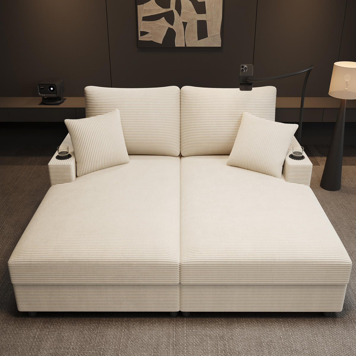 2-SITZER Schlafsofa Cord mit USB-Anschluss und Getränkehaltern Beige 163/140/82 cm - Beige, Textil (140/82/163cm) - Redom