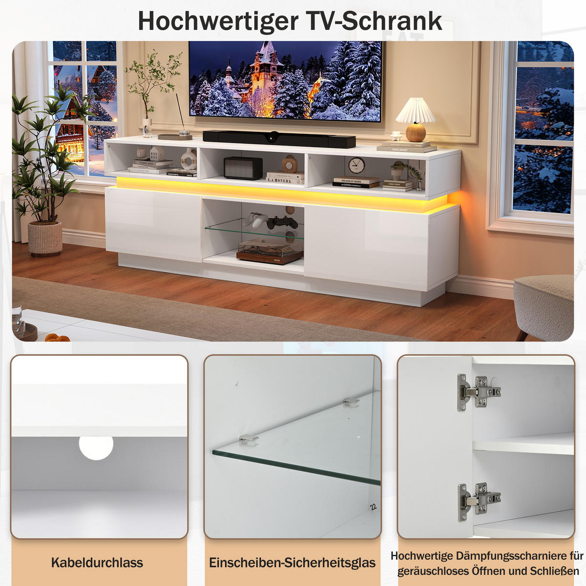 TV-LOWBOARD 160x35x60 cm Weiß LED Hochglanz Glas MDF - Weiß, Holzwerkstoff (35/60/160cm) - FLIEKS