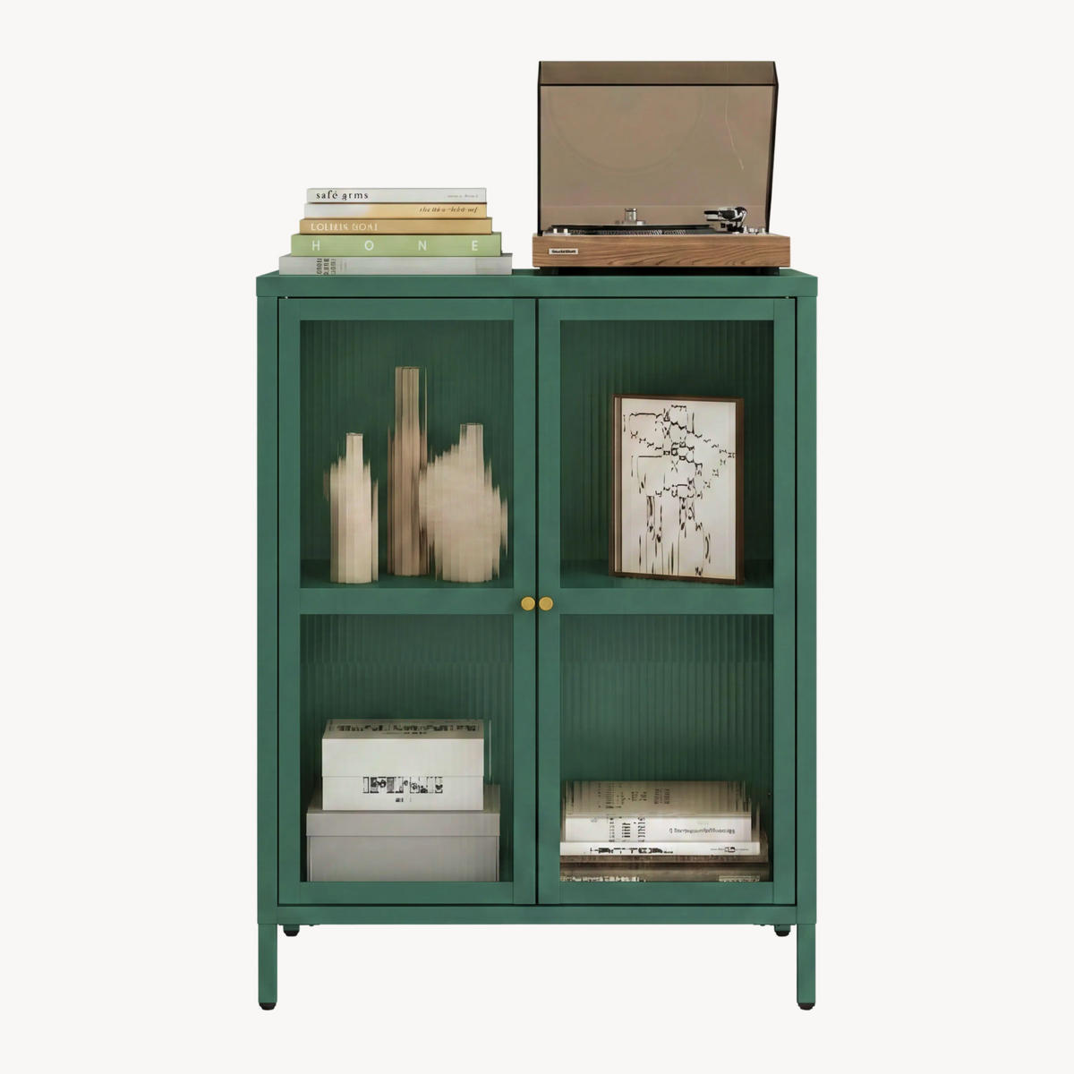 VITRÍNA Säkylä - tmavě zelená/průhledná, kov/sklo (64/84/35cm) - [en.casa]