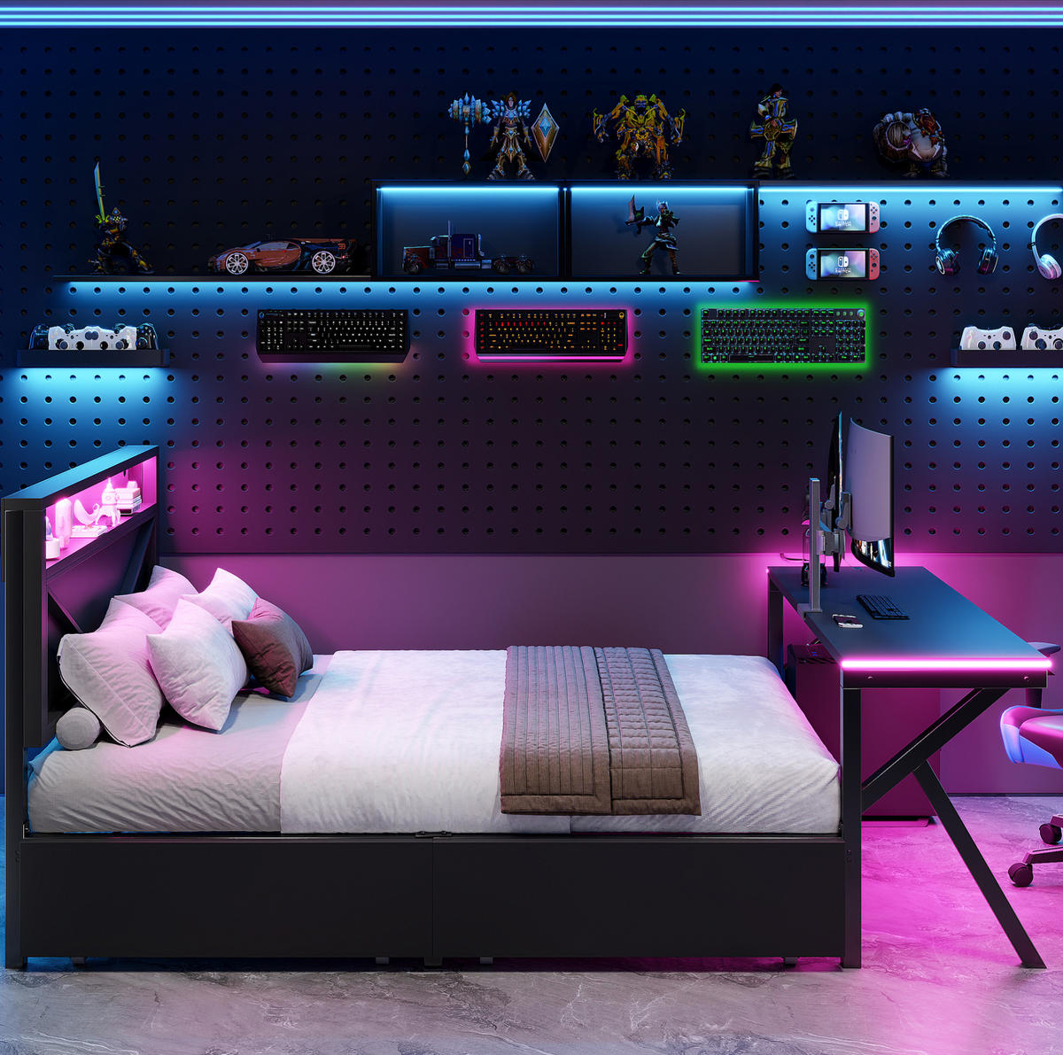 METALLBETT 140/200 cm mit LED-Kopfteil, LED-Schreibtisch und 2 Schubladen, MDF/Metall, Schwarz - Schwarz, Holzwerkstoff (140/200cm) - Redom